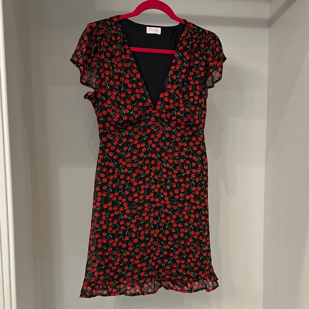 Pink Lily small Cherry-Print Black V-Neck Women's Dress.  Like new
